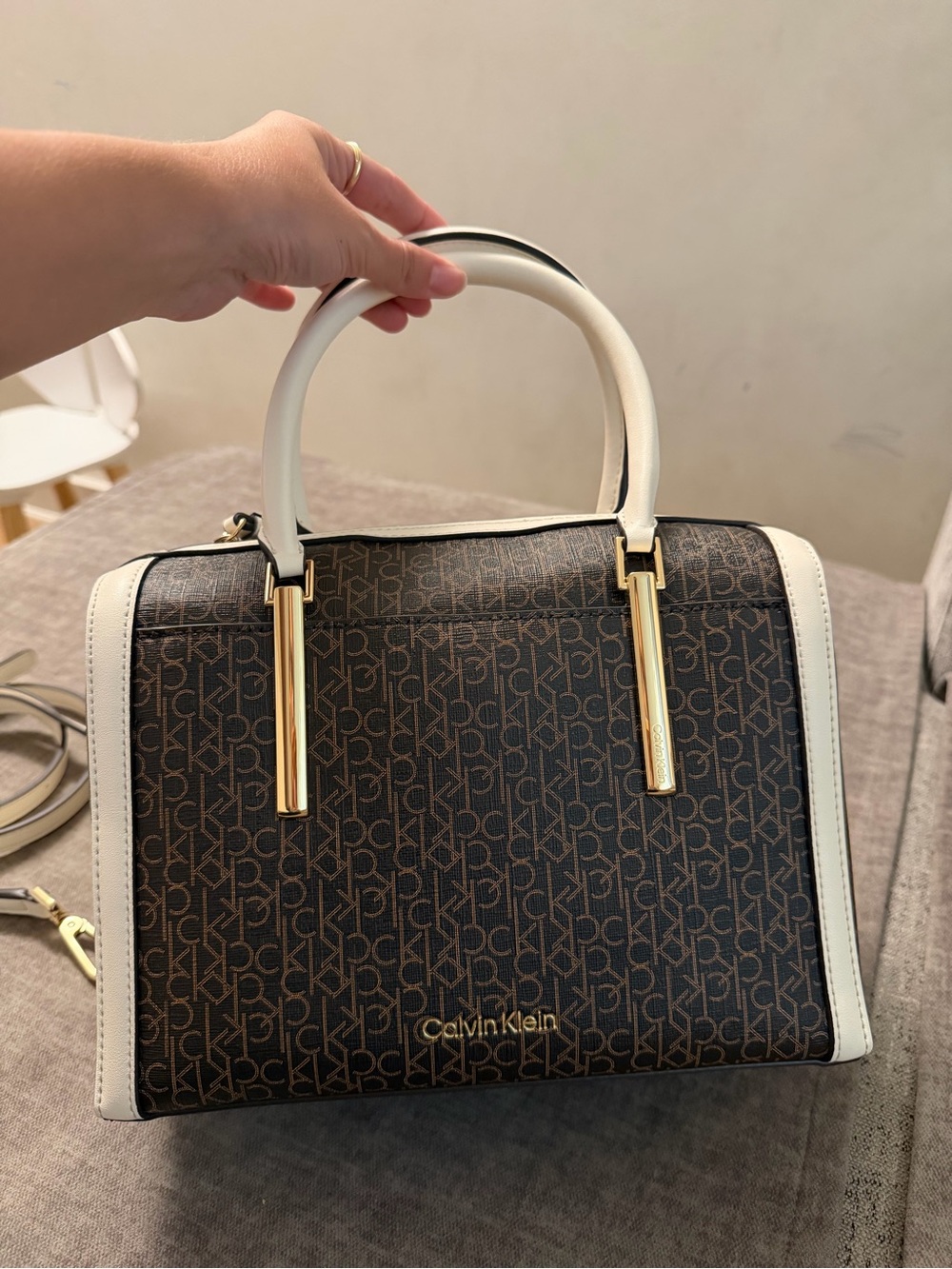Calvin Klein Brown Logo Satchel with Cream Trim and Gold Hardware